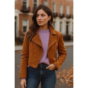 J Crew faux suede tan camel motorcycle full zip jacket size XS mob wife